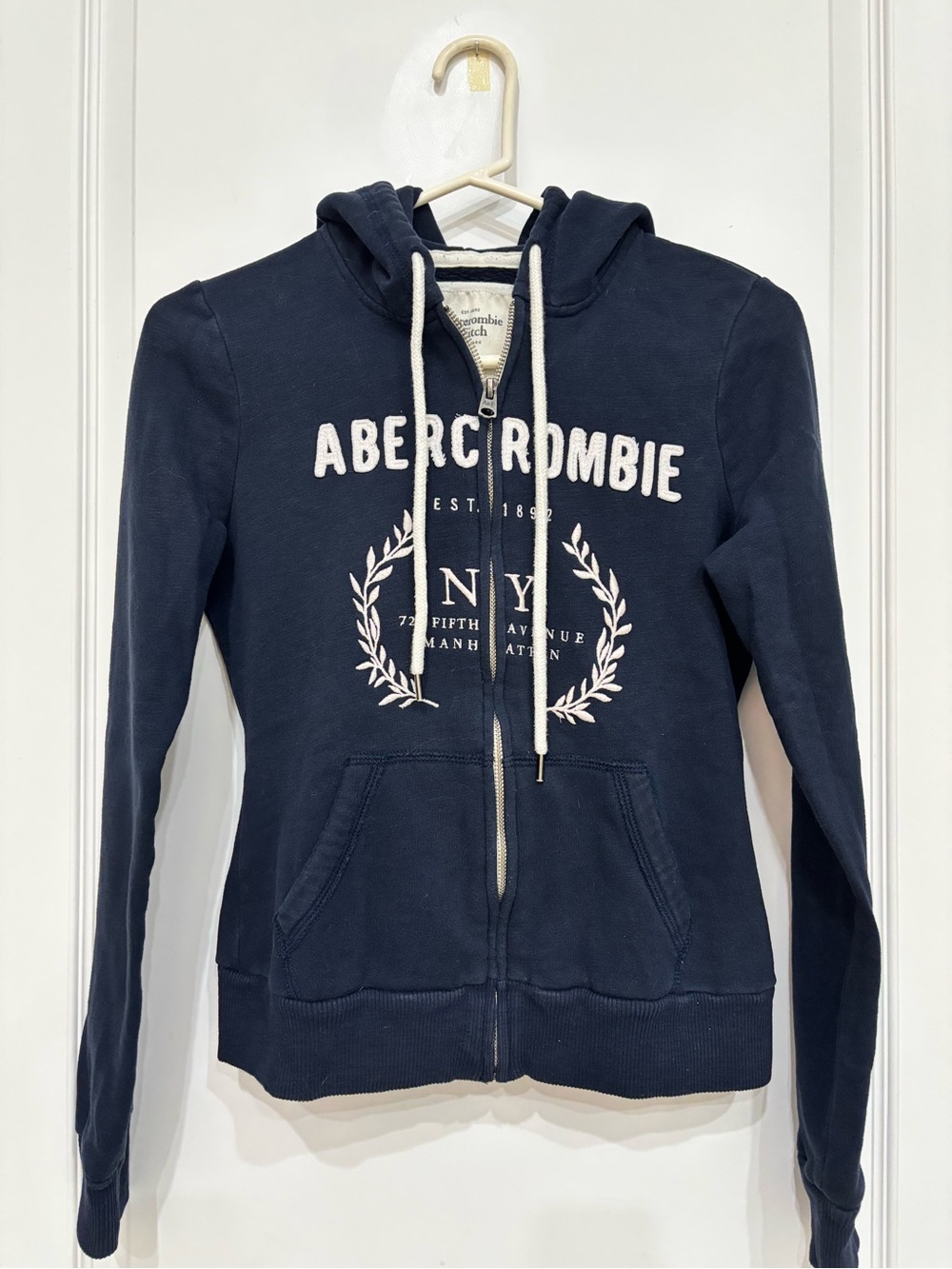 Abercrombie & Fitch Navy Full-Zip Logo Hoodie with White Drawstrings